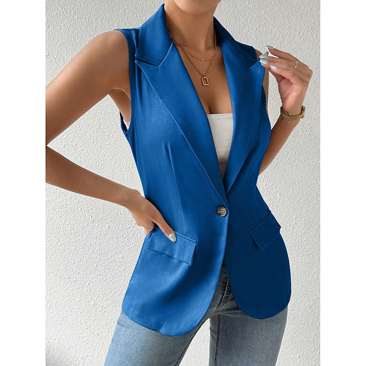 "Mouwloze blazer open voorzijde, vrouwelijke pasvorm, ademend, veelzijdig en stijlvol in een mix van polyester en viscose."