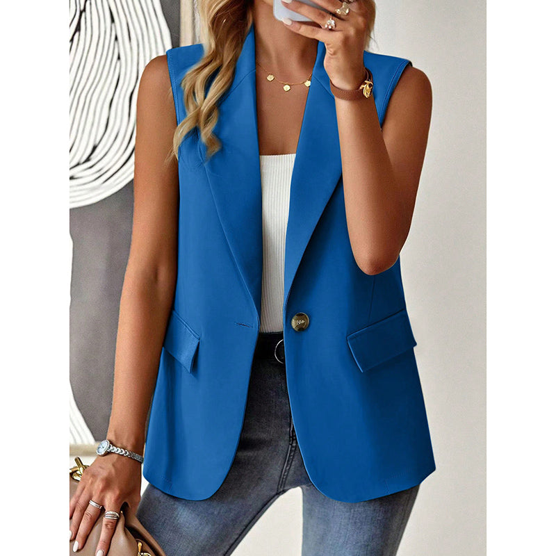 "Mouwloze blazer open voorzijde, vrouwelijke pasvorm, ademend, veelzijdig en stijlvol in een mix van polyester en viscose."