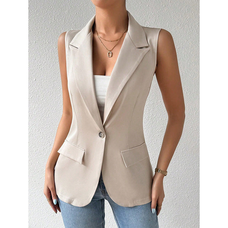 "Mouwloze blazer open voorzijde, vrouwelijke pasvorm, ademend, veelzijdig en stijlvol in een mix van polyester en viscose."