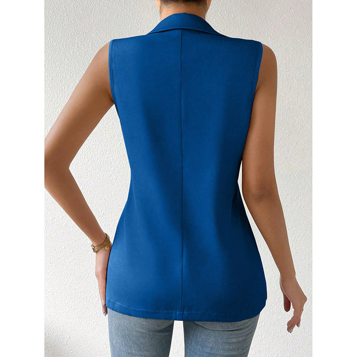 "Mouwloze blazer open voorzijde, vrouwelijke pasvorm, ademend, veelzijdig en stijlvol in een mix van polyester en viscose."