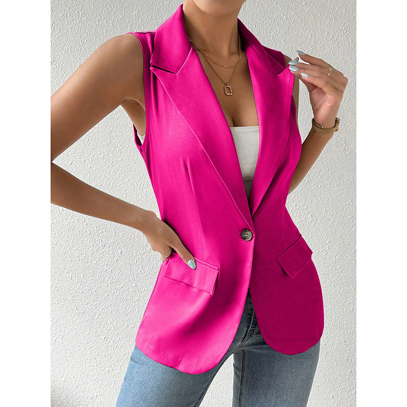 "Mouwloze blazer open voorzijde, vrouwelijke pasvorm, ademend, veelzijdig en stijlvol in een mix van polyester en viscose."