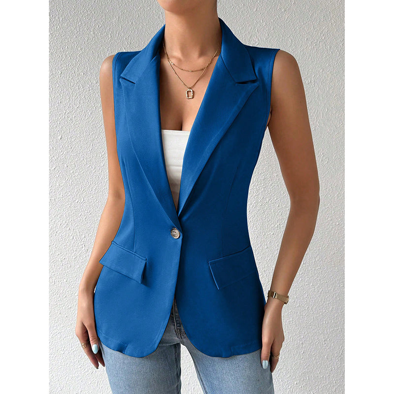 "Mouwloze blazer open voorzijde, vrouwelijke pasvorm, ademend, veelzijdig en stijlvol in een mix van polyester en viscose."