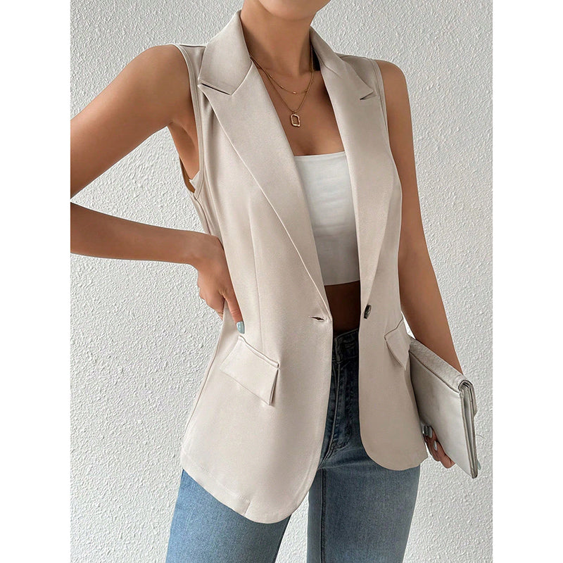 "Mouwloze blazer open voorzijde, vrouwelijke pasvorm, ademend, veelzijdig en stijlvol in een mix van polyester en viscose."