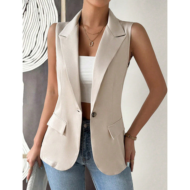 "Mouwloze blazer open voorzijde, vrouwelijke pasvorm, ademend, veelzijdig en stijlvol in een mix van polyester en viscose."