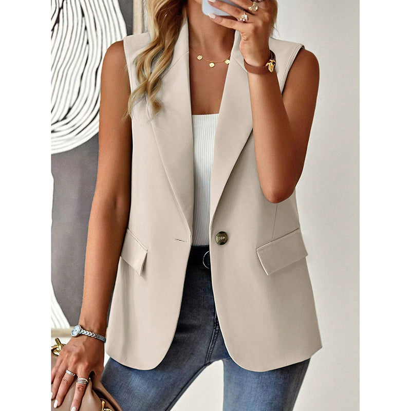 "Mouwloze blazer open voorzijde, vrouwelijke pasvorm, ademend, veelzijdig en stijlvol in een mix van polyester en viscose."