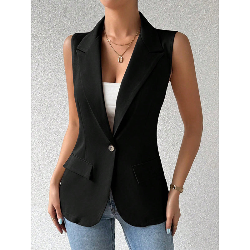 "Mouwloze blazer open voorzijde, vrouwelijke pasvorm, ademend, veelzijdig en stijlvol in een mix van polyester en viscose."