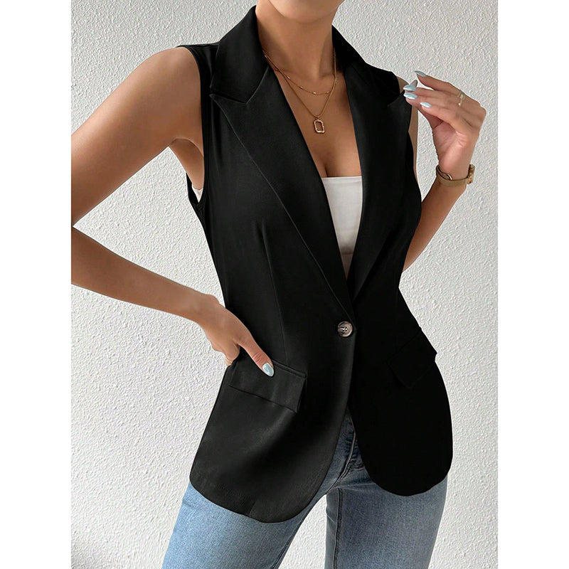 "Mouwloze blazer open voorzijde, vrouwelijke pasvorm, ademend, veelzijdig en stijlvol in een mix van polyester en viscose."