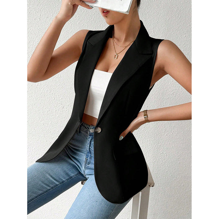"Mouwloze blazer open voorzijde, vrouwelijke pasvorm, ademend, veelzijdig en stijlvol in een mix van polyester en viscose."