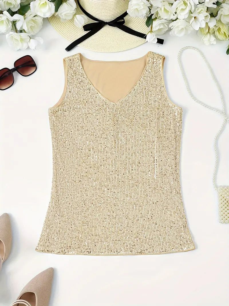"Mouwloze top met V-hals en glinsterende pailletten, elegant en lichtgewicht, perfect voor zomerse feestjes."