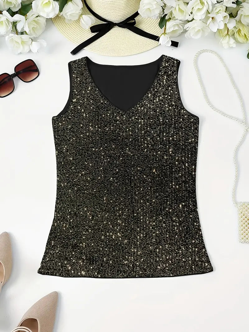 "Mouwloze top met V-hals en glinsterende pailletten, elegant en lichtgewicht, perfect voor zomerse feestjes."