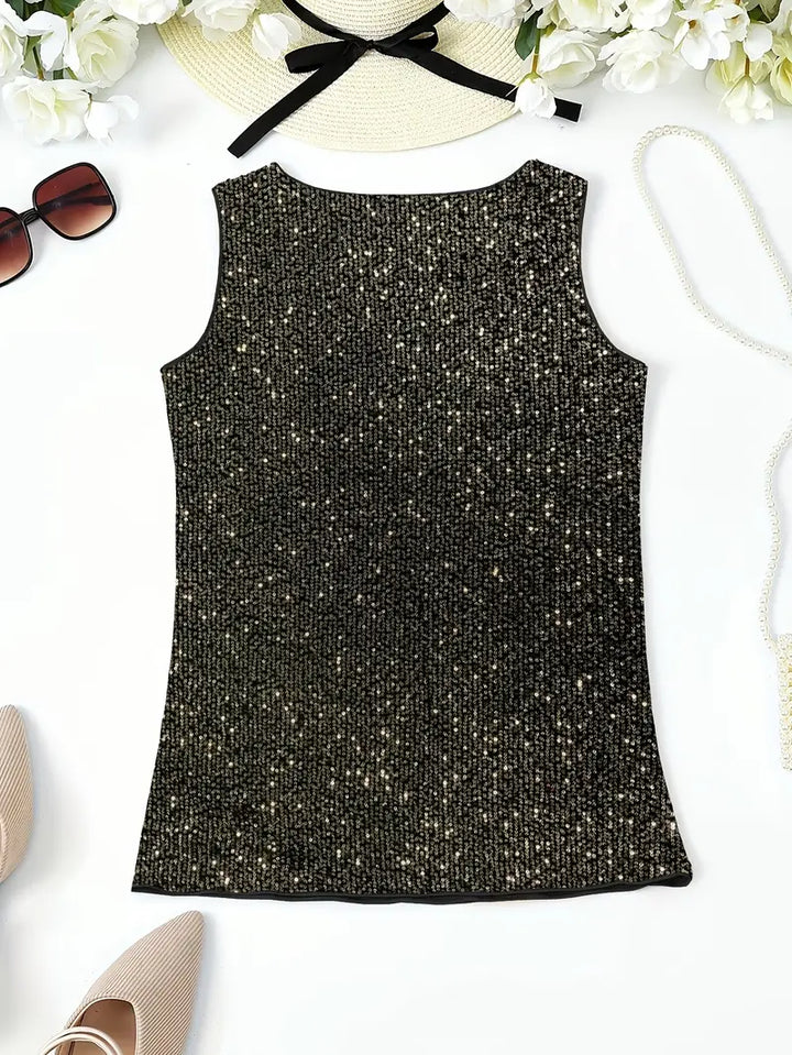 "Mouwloze top met V-hals en glinsterende pailletten, elegant en lichtgewicht, perfect voor zomerse feestjes."