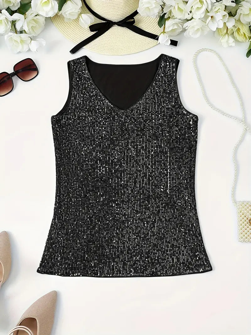 "Mouwloze top met V-hals en glinsterende pailletten, elegant en lichtgewicht, perfect voor zomerse feestjes."