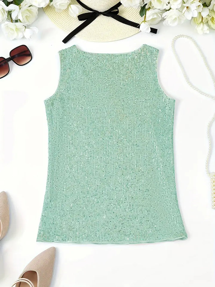 "Mouwloze top met V-hals en glinsterende pailletten, elegant en lichtgewicht, perfect voor zomerse feestjes."