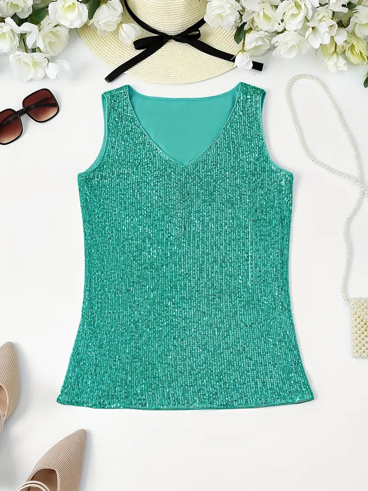 "Mouwloze top met V-hals en glinsterende pailletten, elegant en lichtgewicht, perfect voor zomerse feestjes."