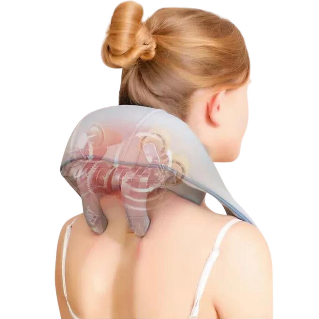 "Multifunctioneel nekmassage apparaat met shiatsu en warmte, verlichting voor nek, schouders, rug, draadloos en draagbaar."