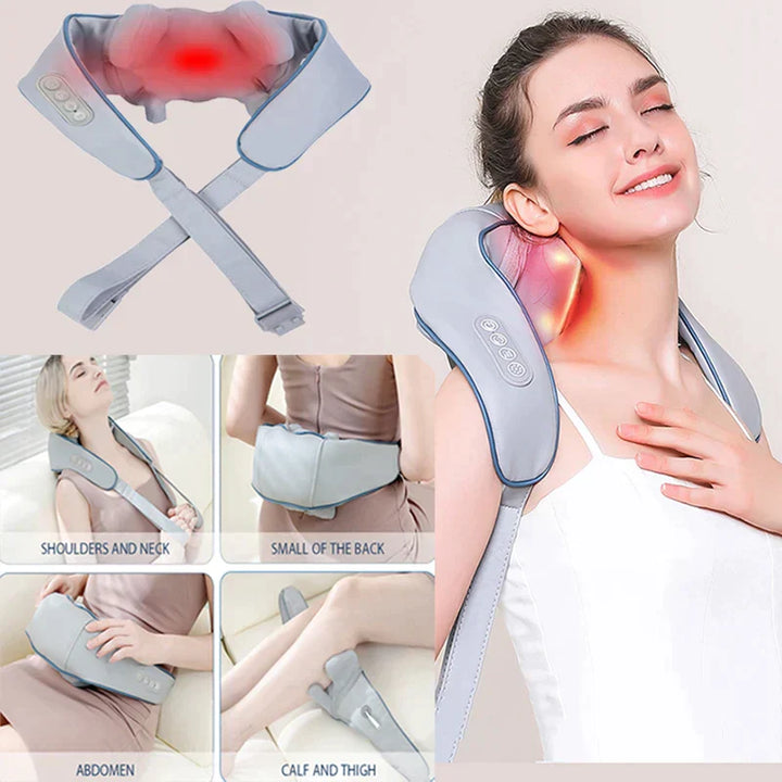 "Multifunctioneel nekmassage apparaat met shiatsu en warmte, verlichting voor nek, schouders, rug, draadloos en draagbaar."
