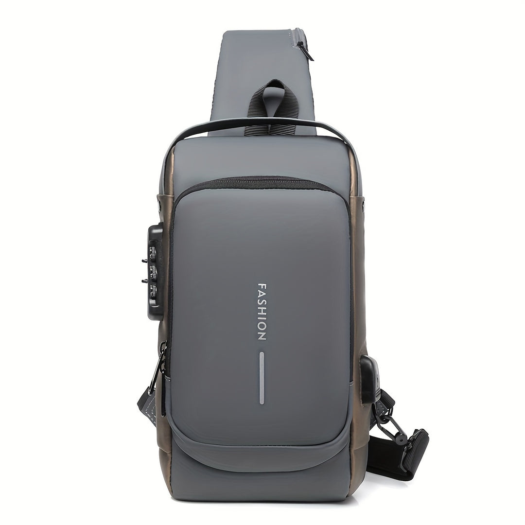 "Multifunctionele heren crossbodytas, donkergrijs, anti-diefstal functies, USB-poort, duurzame Oxford stof, avontuurlijk desi