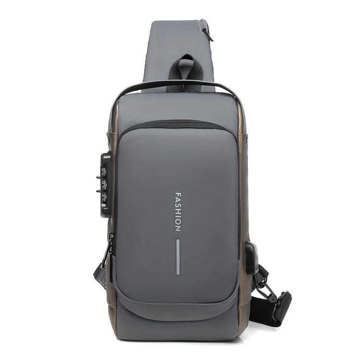 "Multifunctionele heren crossbodytas, donkergrijs, anti-diefstal functies, USB-poort, duurzame Oxford stof, avontuurlijk desi