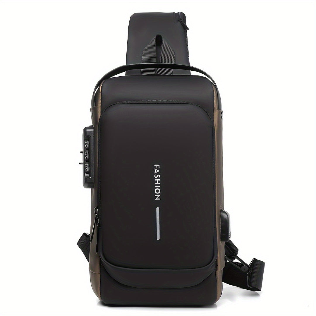 "Multifunctionele heren crossbodytas, donkergrijs, anti-diefstal functies, USB-poort, duurzame Oxford stof, avontuurlijk desi