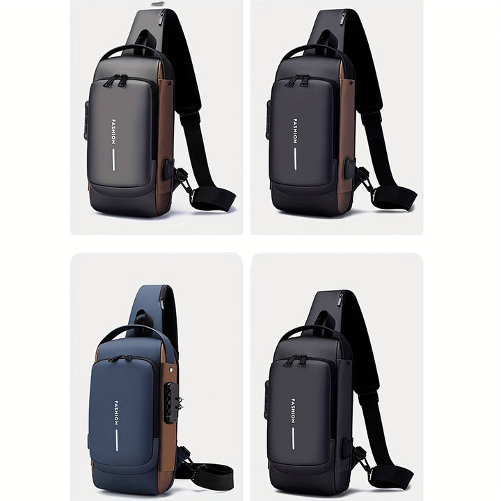 "Multifunctionele heren crossbodytas, donkergrijs, anti-diefstal functies, USB-poort, duurzame Oxford stof, avontuurlijk desi