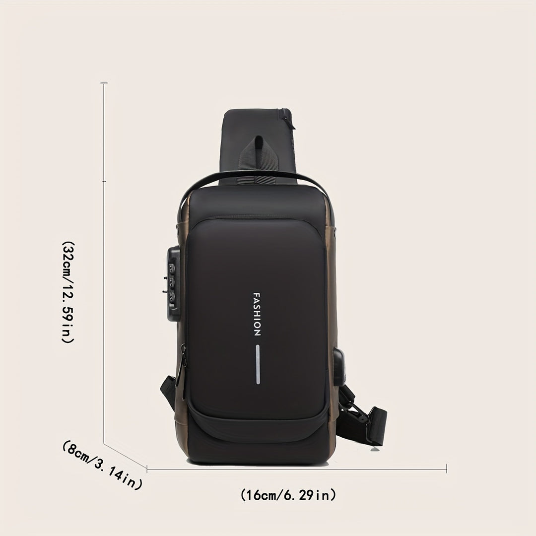"Multifunctionele heren crossbodytas, donkergrijs, anti-diefstal functies, USB-poort, duurzame Oxford stof, avontuurlijk desi
