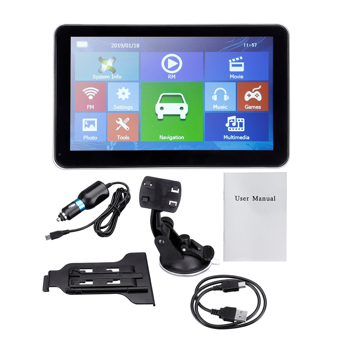"Navigatiesysteem met groot 7-inch HD-touchscreen, geschikt voor auto en vrachtwagen, met multimedia functies."