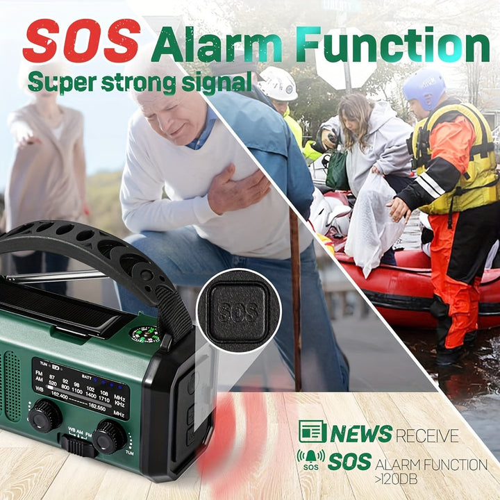 "Noodradio met 10000mAh batterij, zonnepaneel, handdynamo, AM/FM-radio, SOS-alarm en zaklamp, in compact design"