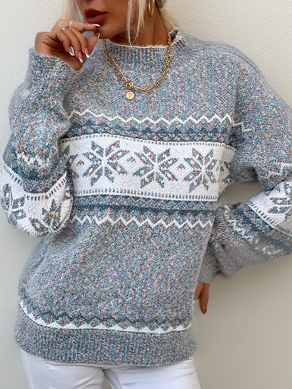 "Noorse wollen trui voor dames, Scandinavische stijl met sneeuwvlokkenmotief, warmte en elegantie."
