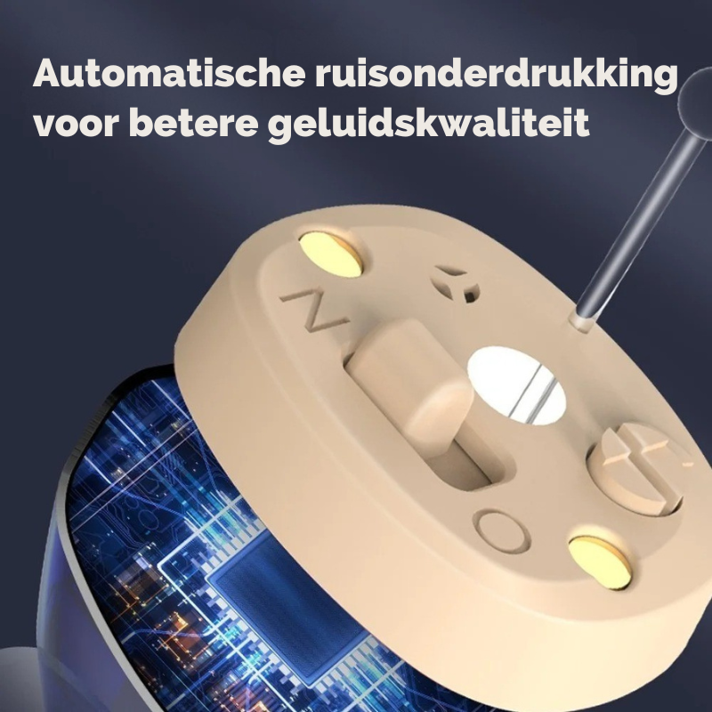 "Onzichtbaar Aurio hoortoestel in het oor, ergonomisch design, kristalhelder geluid, comfortabel en discreet gebruik."