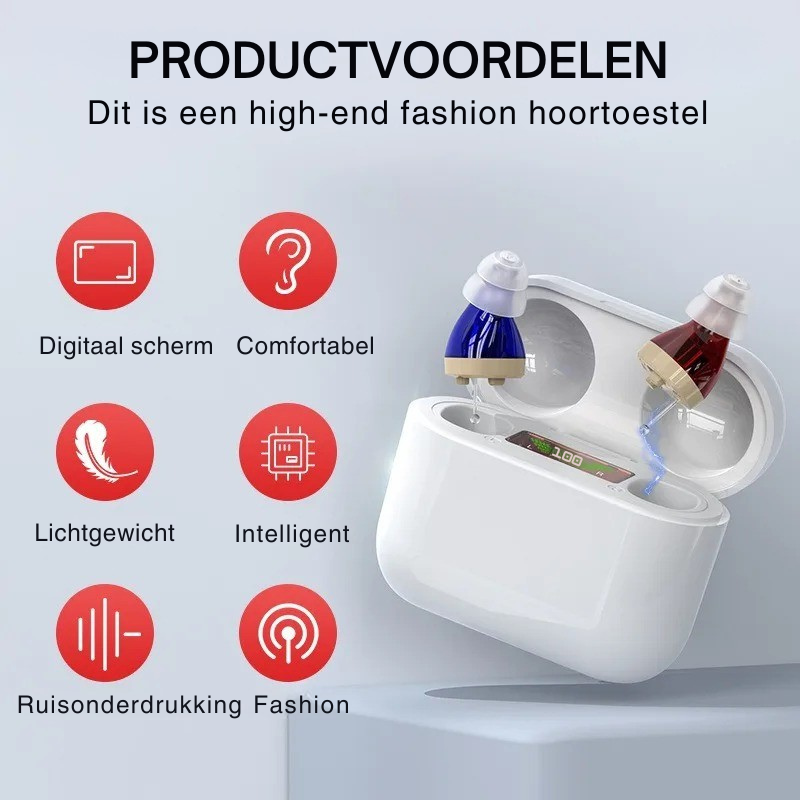 "Onzichtbaar Aurio hoortoestel in het oor, ergonomisch design, kristalhelder geluid, comfortabel en discreet gebruik."