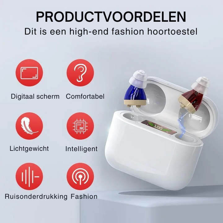 "Onzichtbaar Aurio hoortoestel in het oor, ergonomisch design, kristalhelder geluid, comfortabel en discreet gebruik."