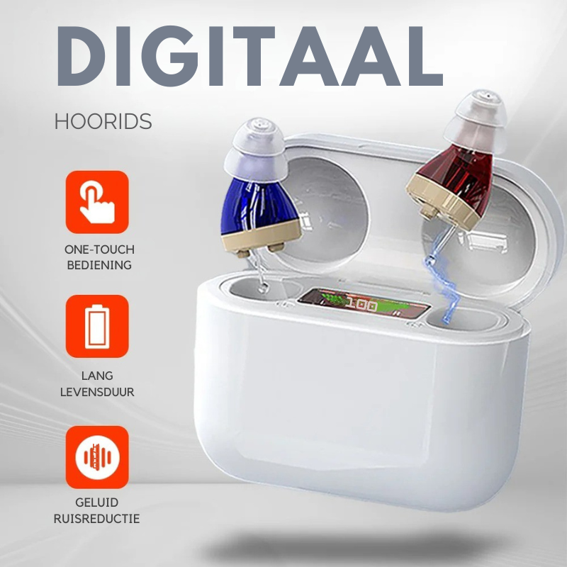 "Onzichtbaar Aurio hoortoestel in het oor, ergonomisch design, kristalhelder geluid, comfortabel en discreet gebruik."