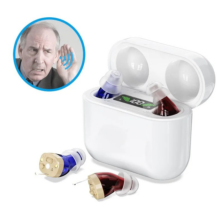 "Onzichtbaar Aurio hoortoestel in het oor, ergonomisch design, kristalhelder geluid, comfortabel en discreet gebruik."
