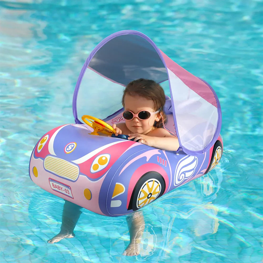 "Opblaasbare baby zwemring met zonnescherm, blauwe kleur, ergonomisch design, geschikt voor veilig en comfortabel zwemmen."