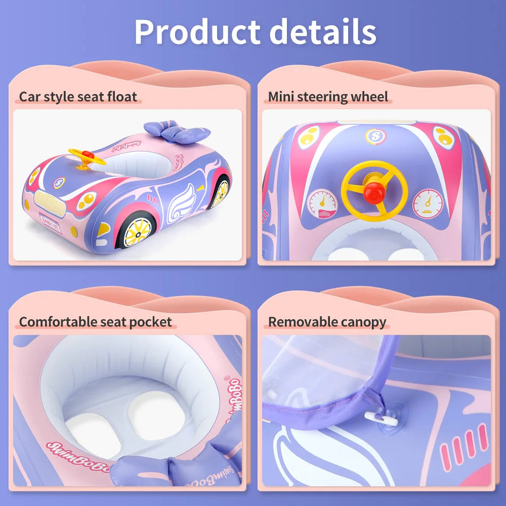 "Opblaasbare baby zwemring met zonnescherm, blauwe kleur, ergonomisch design, geschikt voor veilig en comfortabel zwemmen."