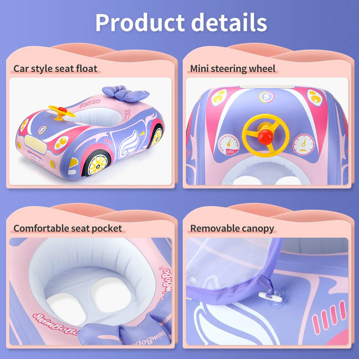 "Opblaasbare baby zwemring met zonnescherm, blauwe kleur, ergonomisch design, geschikt voor veilig en comfortabel zwemmen."