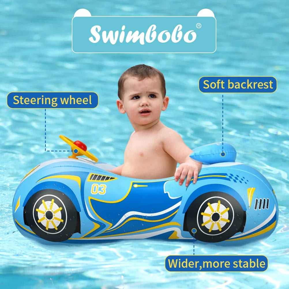"Opblaasbare baby zwemring met zonnescherm, blauwe kleur, ergonomisch design, geschikt voor veilig en comfortabel zwemmen."
