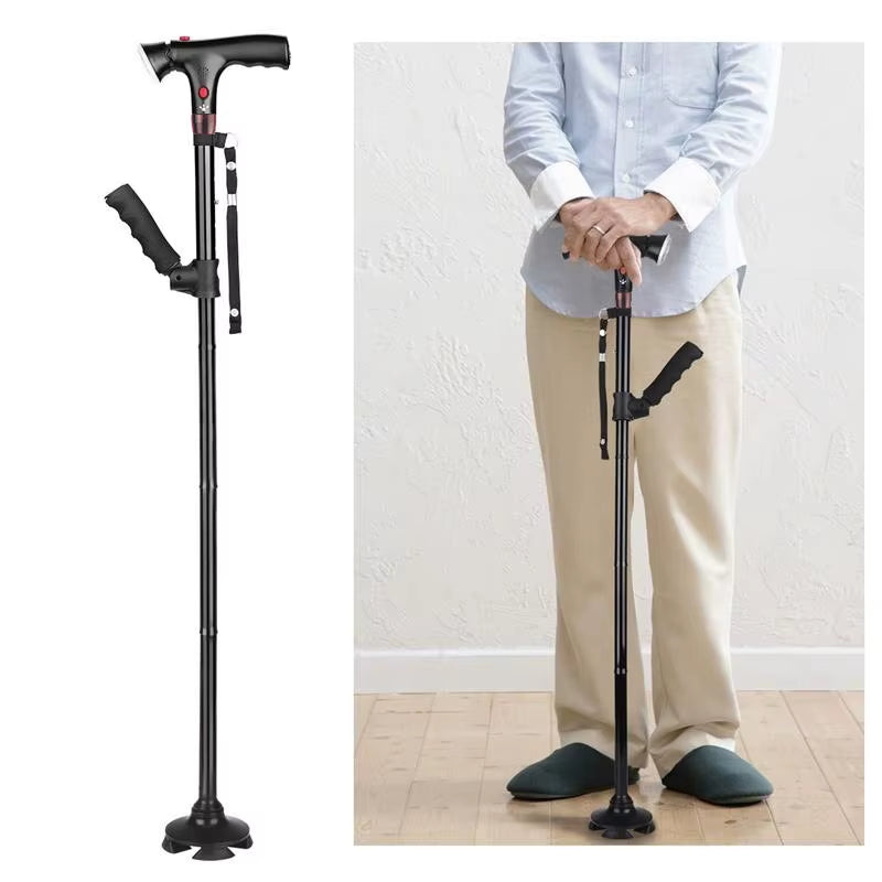 "Opvouwbare wandelstok met LED, compact, lichtgewicht en verstelbaar, met ergonomisch handvat voor extra stabiliteit."