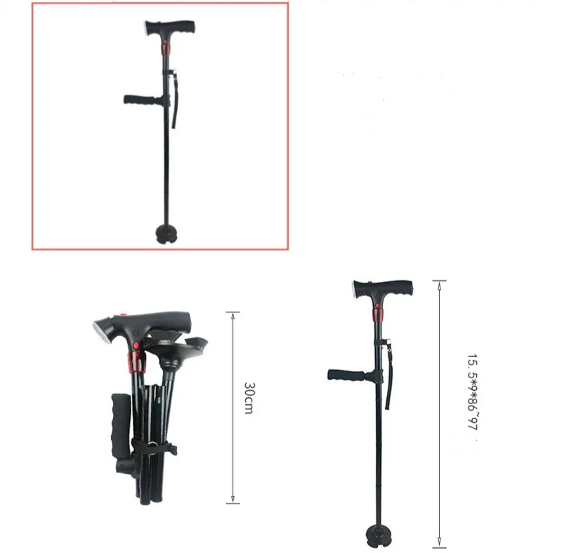 "Opvouwbare wandelstok met LED, compact, lichtgewicht en verstelbaar, met ergonomisch handvat voor extra stabiliteit."