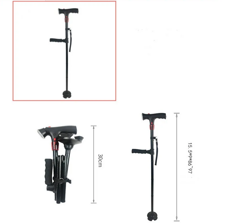 "Opvouwbare wandelstok met LED, compact, lichtgewicht en verstelbaar, met ergonomisch handvat voor extra stabiliteit."
