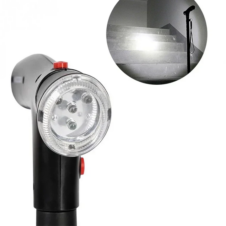 "Opvouwbare wandelstok met LED, compact, lichtgewicht en verstelbaar, met ergonomisch handvat voor extra stabiliteit."