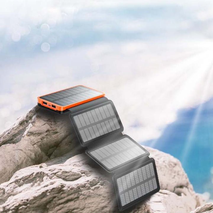 "Opvouwbare zonne-powerbank, robuust en waterdicht, met dubbele USB-poorten en hoogrendement zonnepanelen."