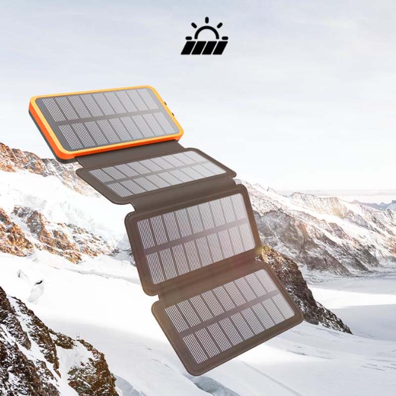 "Opvouwbare zonne-powerbank, robuust en waterdicht, met dubbele USB-poorten en hoogrendement zonnepanelen."