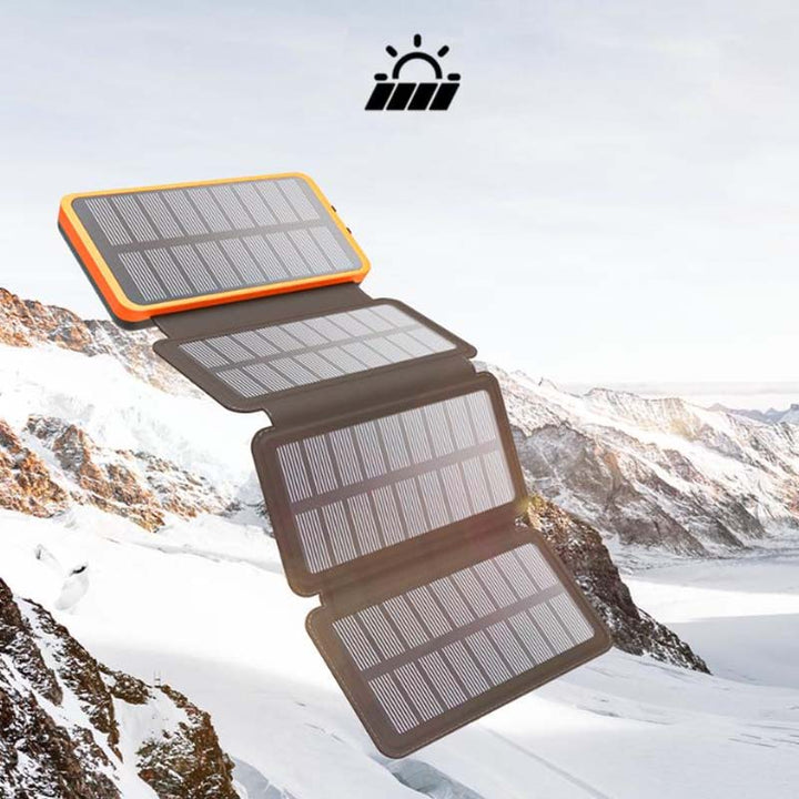 "Opvouwbare zonne-powerbank, robuust en waterdicht, met dubbele USB-poorten en hoogrendement zonnepanelen."