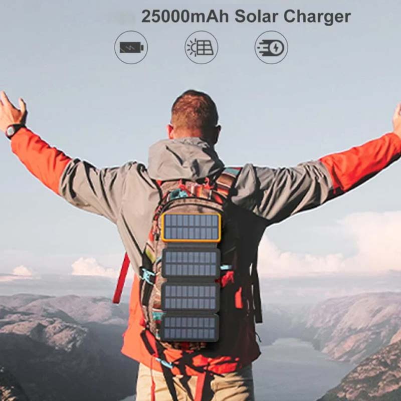 "Opvouwbare zonne-powerbank, robuust en waterdicht, met dubbele USB-poorten en hoogrendement zonnepanelen."