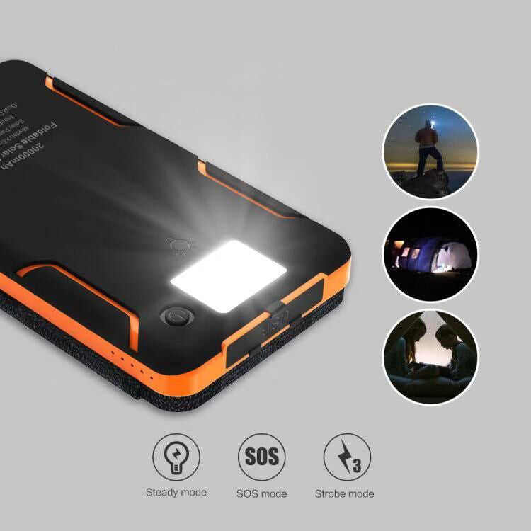 "Opvouwbare zonne-powerbank, robuust en waterdicht, met dubbele USB-poorten en hoogrendement zonnepanelen."