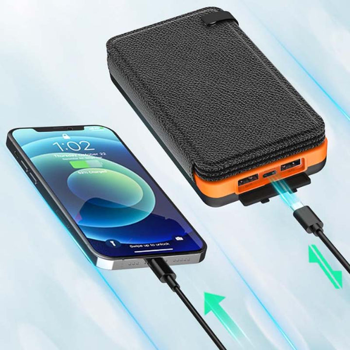 "Opvouwbare zonne-powerbank, robuust en waterdicht, met dubbele USB-poorten en hoogrendement zonnepanelen."