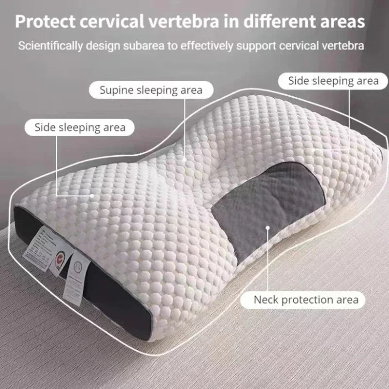Orthopedisch kussen met massagefunctie, wit met grijze accenten, voor nek- en schoudersteun en ultiem slaapcomfort.