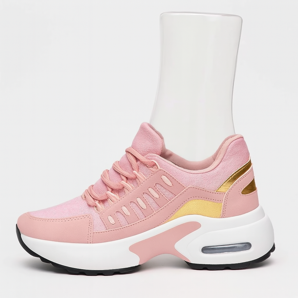 "Orthopedische damessneakers met voetboogondersteuning, ademend mesh en suède, anti-slip zool in zwart en beige."