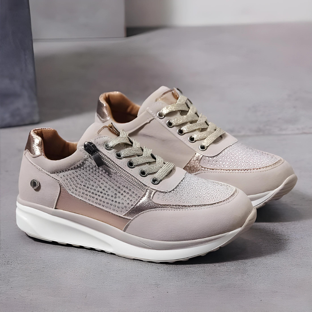 "Orthopedische dameswandelschoenen, stijlvolle grijze sneakers met goede ondersteuning en duurzaam materiaal."